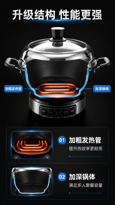 [第4屏] 核心技术解析，加粗发热管加深锅体结构。本屏使用【图1】提取产品结构
[氛围/风格] 科技解析风格，结构可视化，专业清晰。
[元素布局] 上半部分占60%展示电火锅剖面结构示意图，重点标注加预览效果