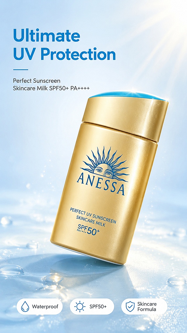 [第1屏] 亚马逊跨境详情页头图 - ANESSA Perfect UV Sunscreen Skincare Milk SPF50+ 小金瓶防晒乳主视觉海报。本屏使用【图1】作为商品主体，保持金色瓶身、蓝色太阳Logo、蓝色瓶盖、ANESSA字样和SPF50+文字完全一致。
[氛围/风格] 跨境极简高级风，商业摄影质感，清爽夏日防晒氛围，真实客观不过度美化。
[元素布局] 小金瓶防晒乳置于画面中央偏右，占比约55%，45度斜侧角度展示完整瓶身；左侧留标题区；底部浅蓝渐变台面，台面上散落透明水珠和阳光光斑；背景为浅蓝到白色的柔和渐变，右上角有柔和阳光光束；产品周围有细微的水润光泽粒子。
[光影质感] 右上方主光源模拟阳光，左下方辅光提亮暗部，瓶身金色金属质感强烈，蓝色瓶盖有高光，底部自然柔和投影，整体明亮通透。
[配色色系] 全局底色 #E8F4FD 浅蓝渐变；主色金色 #D4AF37；辅助色品牌蓝 #0077BE；点缀色白色高光。
[视角构图] 正面微俯视45度角，产品为视觉中心，阅读动线左上标题 → 中央产品 → 底部信息条。
[文字版式] 全英文文案，左上标题区：主标题"Ultimate UV Protection"大号粗体无衬线字，副标题"Perfect Sunscreen Skincare Milk SPF50+ PA++++"中号字；底部横向排列三个胶囊形利益点icon："Waterproof"、"SPF50+"、"Skincare Formula"，每个icon配小图标；文字颜色品牌蓝+深灰，不遮挡产品主体。
[比例分辨率] 9:16竖版比例，4K分辨率，文字清晰可辨，高清画质。
[负向提示词] 瓶身变形，缺件错件，颜色偏差，水印，文字错乱，产品图模糊，中文字符，背景杂乱，结构错误。
