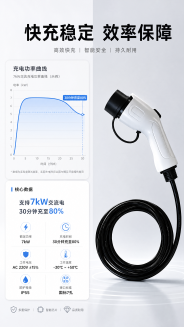 [第5屏] 新能源充电枪功能实测页，浅灰数据风，左右分栏布局，右侧放图1产品保持外观一致，左侧放充电功率曲线图和数据卡，顶部标题“快充稳定 效率保障”黑色居中，标注核心数据“支持7kW交流电 30分钟预览效果