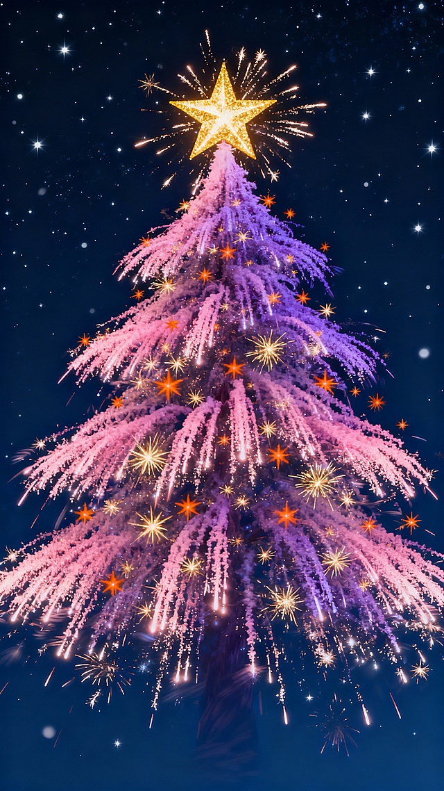 绚烂烟花绽放圣诞树夜空中绽放的彩色烟花汇聚成一棵立体圣诞树的轮廓，外层是渐变粉紫的烟花轨迹，内层穿插金橙色的烟花星点，树顶炸开一颗超大的金色烟花星，背景是深邃的墨蓝色夜空，点缀细碎的白色星光，烟花绽放的动态模糊效果，光影绚烂，氛围感梦幻浪漫，8K 高清，写实摄影风格。