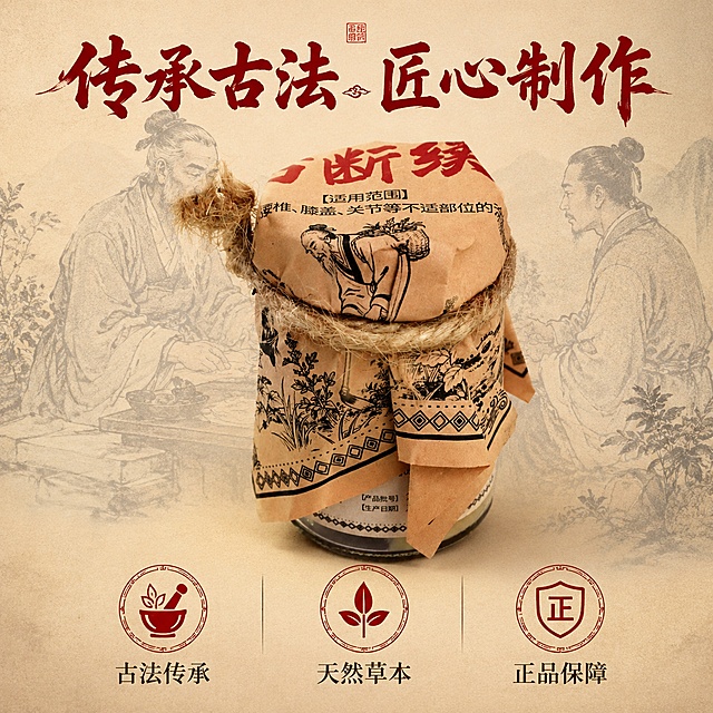 「图片1」，生成一套主图（5张），商品名称是土方断续膏，卖点是华佗五禽戏五十九代传承弟子出品，适用于颈肩腰腿关节等不适，要求中医复古风格，适配抖音平台，主图比例为1:1