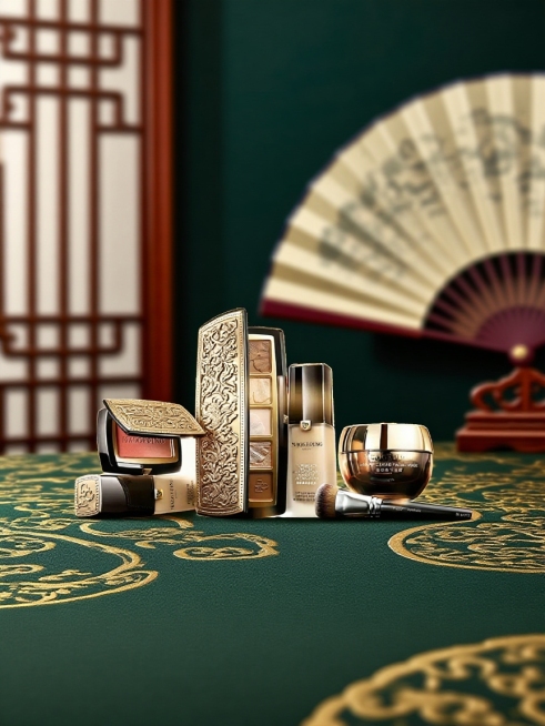 抠出图片主体，保留主体形状，给主体加上国风雕刻纹样。墨绿色+金色花样暗纹的桌面，后景折扇、屏风，营造典雅、富有东方韵味的氛氛围；景深效果。一键换背景，电商商品图预览效果