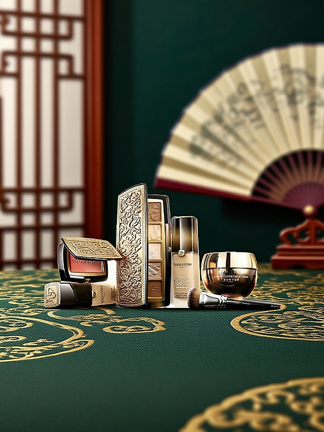 中式复古美学融合国潮风韵，鎏金浮雕包装尽显奢华质感，金属光泽与重拟物设计交织，古典窗棂与折扇烘托东方意境。