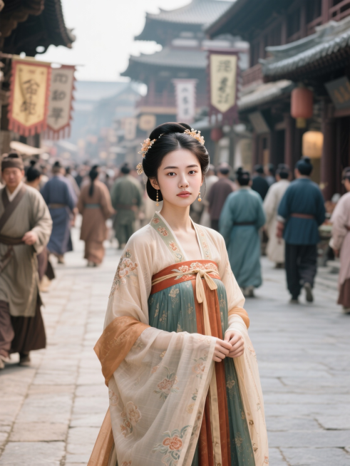 女生，穿上唐代服饰，贵女打扮，站在唐代繁华的街上，身后是来来往往的唐代百姓，景深效果预览效果