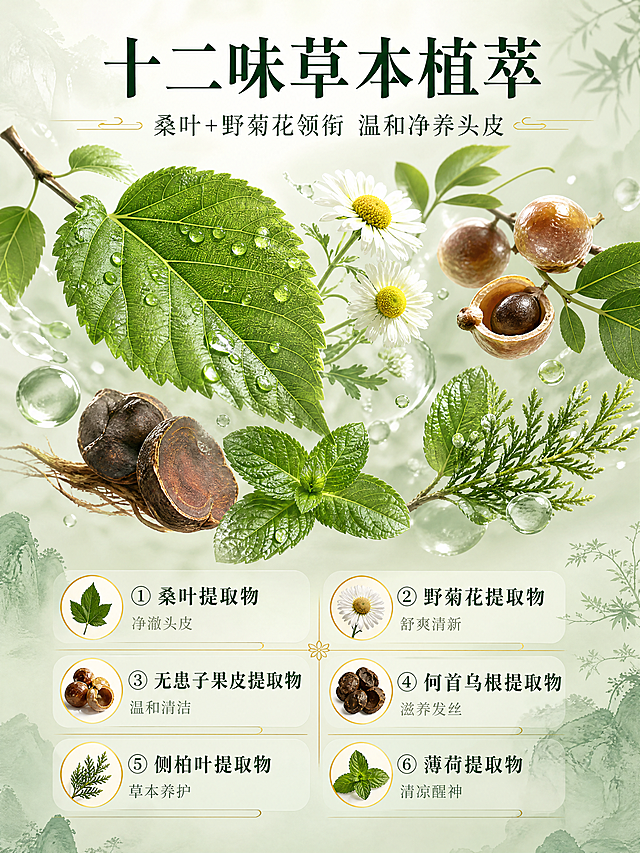 [商品] 本页为成分机理专页，可不垫产品图；若出现产品瓶身需与【图1】唐略桑菊洗发水外观完全一致，墨绿色多面切割瓶身、白色泵头、金色菊花图案与书法字体全部保留。
[画面] 目标：成分功效展示，突出多种植物精粹的草本来源。构图：上半部分主视觉为放大的桑叶、野菊花、无患子、薄荷叶、侧柏叶等新鲜草本植物悬浮于淡绿色空间中，带水珠和柔光，核心成分元素合计占画面50%以上；下半部分或侧边用编号列出核心成分与作用。背景为淡绿色渐变+细腻草本纹理，有实验室级通透感。
[视觉] 套系策略：风格=新中式草本高级商业摄影；标题字=宋体/书法衬线粗体；正文字=简洁宋体；主色=清雅淡绿色（薄荷绿/竹青）；背景延展=基于淡绿色做深浅渐变、水墨晕染、宣纸纹理和同色系层次；强调色=金色，仅用于小面积图标、引线、标签和装饰线条；标题色=深墨绿；正文色=中灰绿；组件=细线引线、圆角浅绿信息卡、中式分隔线；光影=左前侧柔和自然光，带轻微植物投影。
[文字] 顶部主标题「十二味草本植萃」，副标题「桑叶+野菊花领衔 温和净养头皮」；下方编号列出6种核心成分：①桑叶提取物 净澈头皮 ②野菊花提取物 舒爽清新 ③无患子果皮提取物 温和清洁 ④何首乌根提取物 滋养发丝 ⑤侧柏叶提取物 草本养护 ⑥薄荷提取物 清凉醒神。文字横向排版，成分名加粗，描述小字辅助。
[规格] 图片比例3:4竖版，4K分辨率，负向提示：避免产品变形、颜色改变、医疗功效表述、生发防脱字样、西药/化学分子风格、冷蓝色调、杂乱背景、文字竖排。