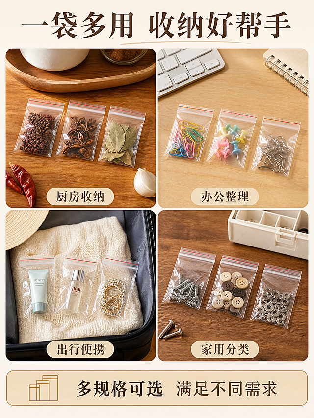 [第5张] 多场景应用页-自封袋多场景拼图。本张使用【图9】小号自封袋作为小物件收纳展示参考。
[氛围/风格] 生活方式场景拼贴风，温馨实用，多场景覆盖，商业摄影质感。
[元素布局] 画面采用四宫格场景拼图：左上-厨房场景，自封袋收纳调料干货；右上-办公场景，自封袋收纳回形针、图钉等小文具；左下-旅行场景，自封袋装护肤品小样、首饰；右下-家用场景，自封袋收纳螺丝、纽扣等小零件；每个场景都有对应自封袋产品，透明质感与输入图一致；场景背景各有特色但色调统一。
[光影质感] 每个场景均为柔和自然光，明亮通透，阴影自然，整体色调统一。
[配色色系] 全局底色 #F7F3EB（暖米灰）；主色木色、白色、透明；辅助色各场景点缀色。
[视角构图] 四宫格拼图，每格独立视角，整体阅读动线顺时针。
[文字版式] 顶部大标题「一袋多用 收纳好帮手」；每格底部配场景标签：「厨房收纳」「办公整理」「出行便携」「家用分类」；底部信息条写「多规格可选 满足不同需求」；文字清晰可读。
[比例分辨率] 3:4 竖版比例，4K 分辨率，文字清晰可辨，高清画质。
[负向提示词] 变形，水印，文字错乱，文字过小，场景杂乱，产品模糊。