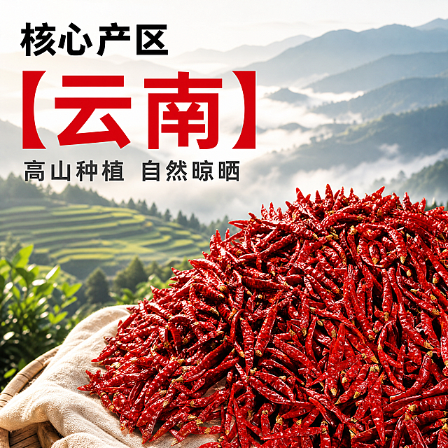 [主图-2] 干红辣椒核心产地展示，展示干红辣椒与云南产地梯田风景结合。[氛围风格] 真实产地溯源风，自然原生态。[画质] 商业摄影质感，光线柔和通透，产品清晰真实，画面干净高级。[元素] 前景是鲜红的干红辣椒堆放在右下角，占据约40%画面；背景是虚化的云南红河辣椒种植梯田晨雾风景，远山层叠。保持干红辣椒外观、物理结构、材质质感、颜色与输入产品图绝对一致，杜绝任何变形和色差，精细化处理。画面满屏无边框。[光影] 清晨自然柔和散射光，光线通透，凸显辣椒鲜红色泽，背景朦胧富有层次。[配色] 前景辣椒鲜红色，背景梯田绿色远山黛色，对比自然清新。[视角构图] 前景后景层次构图，平视角度，前景清晰后景虚化。[文字版式] 左上左对齐，大字写"核心产区"，黑色粗体；中间偏上超大数字写"【云南】"，鲜红色醒目；下方小字写"高山种植 自然晾晒"，深灰色。文字均放在背景留白处，不遮挡产品主体，字色与背景对比清晰。[比例分辨率] 1:1比例，2k分辨率，文字清晰可辨，超高清。[负向提示词] 变形，水印，文字错乱，产品图模糊，背景杂乱，绝对化用语。