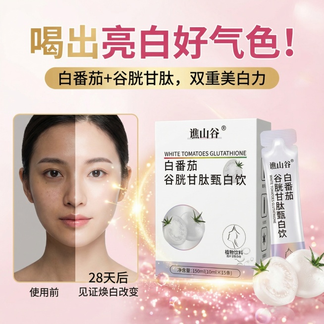 帮我制作几张产品主图，完整保留主图不做更改好的，针对拼多多平台“白番茄谷胱甘肽甄白饮”的产品特性，为您策划7张高点击率的主图方案。拼多多主图核心要求是：信息直接、卖点爆炸、视觉冲击强、激发购买欲。预览效果