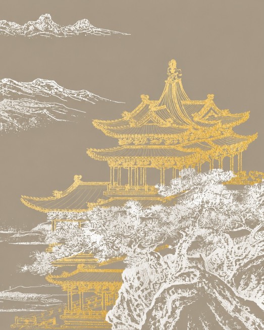 参考原图的新中式烫金线条风格，重新生成包含金色亭台楼阁、白色线条山水松树、卡其色背景的画面，保持构图和元素位置不变预览效果