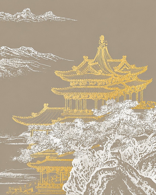 参考原图的新中式烫金线条风格，重新生成包含金色亭台楼阁、白色线条山水松树、卡其色背景的画面，保持构图和元素位置不变