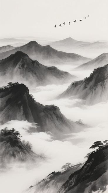 中国水墨画风格的背景，以黑白灰为主要色调，描绘层叠起伏的远山，山间弥漫着轻盈的白色云雾，云雾在山谷间流动，形成朦胧的意境。远处天空中有一行飞鸟，呈人字形排列，增添画面的灵动与悠远感。整体构图采用纵向延伸的山脉布局，笔触柔和，墨色浓淡变化自然，营造出宁静、空灵、禅意的东方山水氛围。预览效果