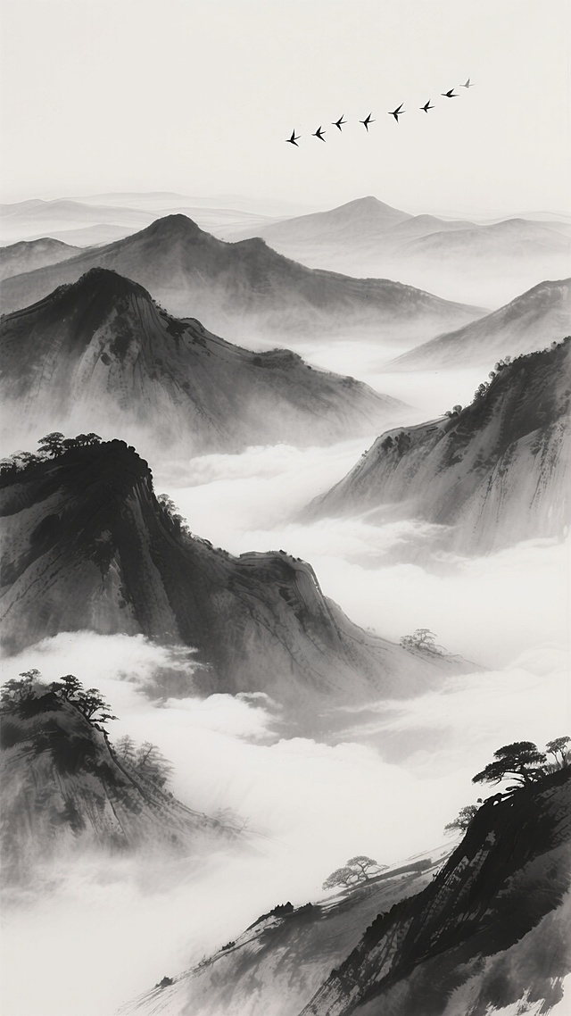 中国水墨画风格的背景，以黑白灰为主要色调，描绘层叠起伏的远山，山间弥漫着轻盈的白色云雾，云雾在山谷间流动，形成朦胧的意境。远处天空中有一行飞鸟，呈人字形排列，增添画面的灵动与悠远感。整体构图采用纵向延伸的山脉布局，笔触柔和，墨色浓淡变化自然，营造出宁静、空灵、禅意的东方山水氛围。