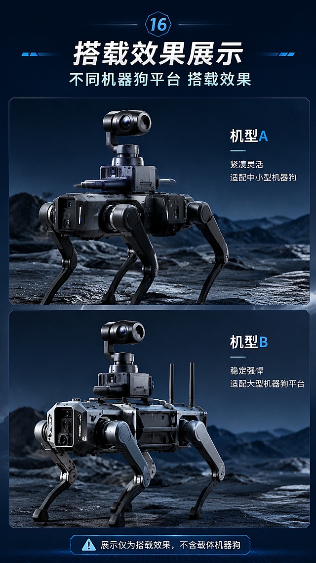 [第16屏] 搭载效果展示-不同机器狗平台搭载效果。本屏展示两种不同机型搭载本云台效果示意图，分上下两图，每张图配简要说明，突出云台通用性，底部标注提示："展示仅为搭载效果，不含载体机器狗"。保持风格高端工业科技风，深空蓝主色调，高清写实。比例9:16，4K分辨率，无AI水印。负向提示词：结构变形，颜色偏差，水印，文字模糊