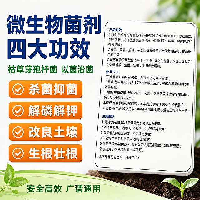 [主图-1] 首图点击率 微生物菌剂产品功效主打图。
[统一基调] 拼多多风格 大字直白 蓝绿农业配色 深蓝主标题 绿色辅助色 白色背景带浅渐变 粗黑无衬线字体 圆角卖点标签 高对比度 强冲击力。
[画面] 产品功效说明卡片居中偏右 占画面60% 正面展示 文字清晰可读 左侧大标题区 顶部超大主标题 下方配4个圆角卖点标签 底部加浅绿装饰条 整体饱满。
[光影质感] 商业摄影棚拍质感 正面柔光 卡片有自然阴影 纸张质感真实 文字清晰。
[配色] 背景浅灰白渐变 主标题深蓝色 副标题绿色 卖点标签橙底白字 卡片保持原色。
[文字版式] 左上角主标题超大粗黑字「微生物菌剂 四大功效」 副标题「枯草芽孢杆菌 以菌治菌」 下方4个标签：杀菌抑菌 解磷解钾 改良土壤 生根壮根 底部小字「安全高效 广谱通用」 文字全部横排 清晰可读 不遮挡主体。
[输出要求] 1:1正方形 2048x2048 主体清晰不变形 文字清晰无错字 无水印 无平台logo 无多余杂物。