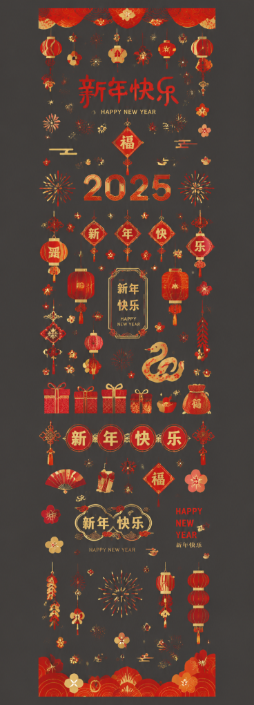 参考原图片风格，重新生成蛇年新年装饰元素合集，包含新年快乐、2025等文字装饰，灯笼、烟花、花、礼物等新年元素，整体红金配色，分辨率调整为300dpi预览效果