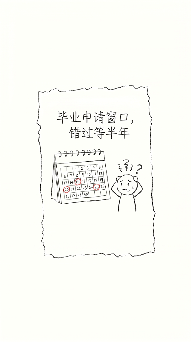 手绘涂鸦风格，极简简笔画，黑白线稿，随意铅笔线条，温馨日记漫画风格，干净白色背景，大量留白，纯线条艺术。和前三张保持统一的撕边便签风格，9:16竖屏1080×1920尺寸，Step3毕业申请卡片：绘制日历简笔画并用红圈圈出几个关键日期，旁边手写标注文字“毕业申请窗口，错过等半年”，日历旁边画一个缩小的火柴人，火柴人双手抱头呈现焦急的表情，保留卡片边缘随手撕纸毛边质感，整体线条风格和参考图完全统一，纯白底大留白，无多余色彩