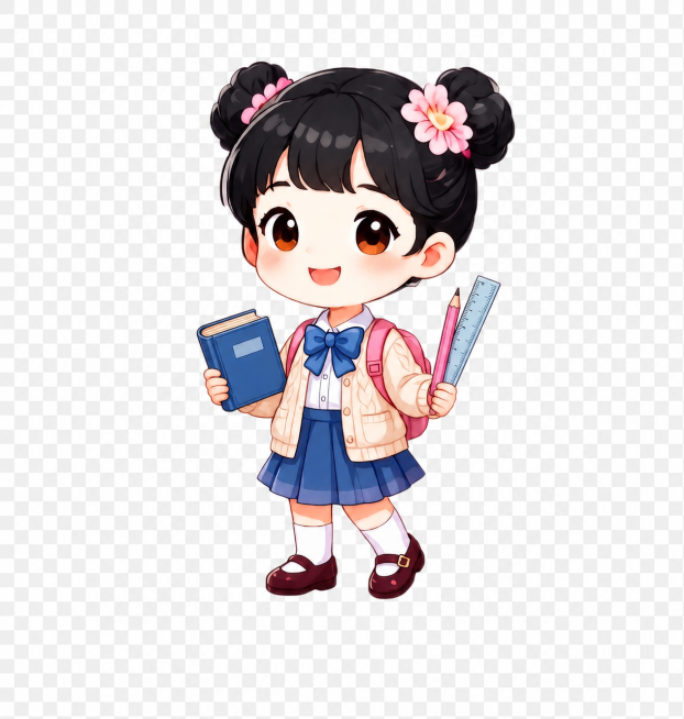 将原图人物的棕色头发改成黑色，将手中原本的两朵花换成书或者笔和尺子，保持整体Q版卡通风格和透明背景不变预览效果