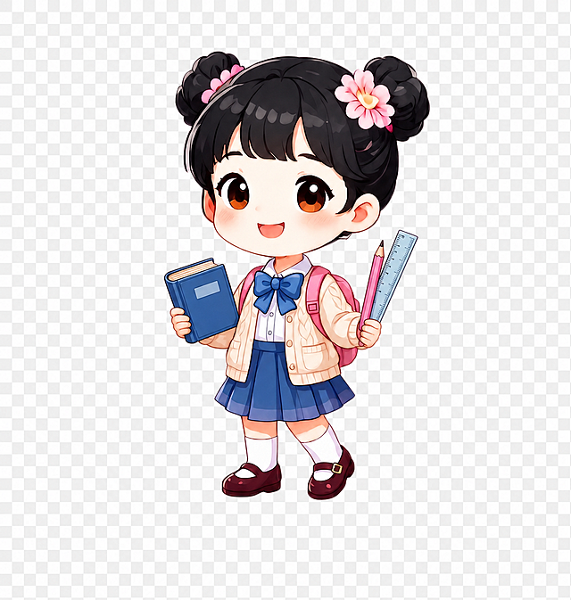 将原图人物的棕色头发改成黑色，将手中原本的两朵花换成书或者笔和尺子，保持整体Q版卡通风格和透明背景不变