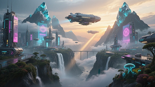 A breathtaking ultra-realistic cinematic wide shot of a futuristic floating cyberpunk city at dusk, suspended between two colossal crystalline mountains, with glowing neon holographic billboards, anti-gravity ships and airships cruising through layered clouds, intricate futuristic architecture with glass and metal structures, glowing cyan and magenta neon lights reflecting on rain-wet surfaces, distant waterfalls cascading from mountain peaks into a glowing abyss, soft golden hour sunset light piercing through mist and clouds, volumetric lighting, god rays, atmospheric haze, intricate details, hyper-detailed textures, 8K resolution, photorealistic rendering, octane render, Unreal Engine 5, cinematic color grading, shallow depth of field, dramatic shadows, masterpiece, epic composition, shot on Arri Alexa Mini with anamorphic lens, extremely detailed, intricate machinery, futuristic traffic systems, lush alien vegetation on mountain cliffs, glowing bioluminescent plants, dynamic cloud formations, realistic water physics, sense of scale and vastness, no blurry areas, sharp focus on foreground and background