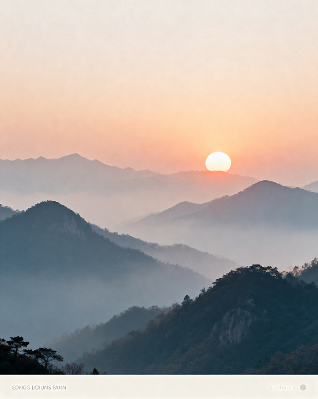 柔美意境的山水风景图，远山层叠，朦胧氛围，朝阳悬挂在天边，整体色调柔和温暖，适合作为室内装饰海报