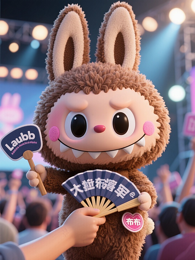 3D卡通风格，拟人化毛茸茸角色，可爱表情，手持应援牌，营造欢乐节日氛围。