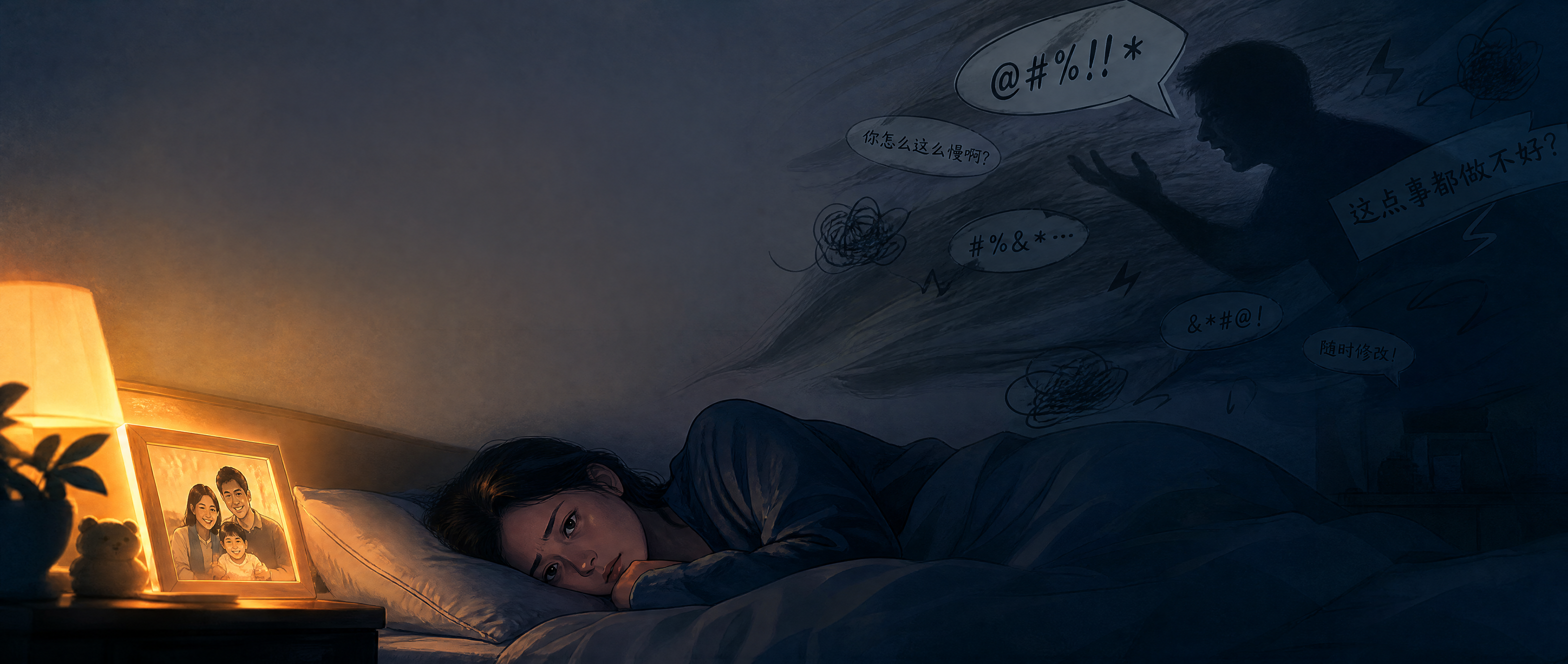 公众号封面图，深夜卧室场景，一个人侧躺在床上睁着眼睛失眠，天花… - 图片创意预览