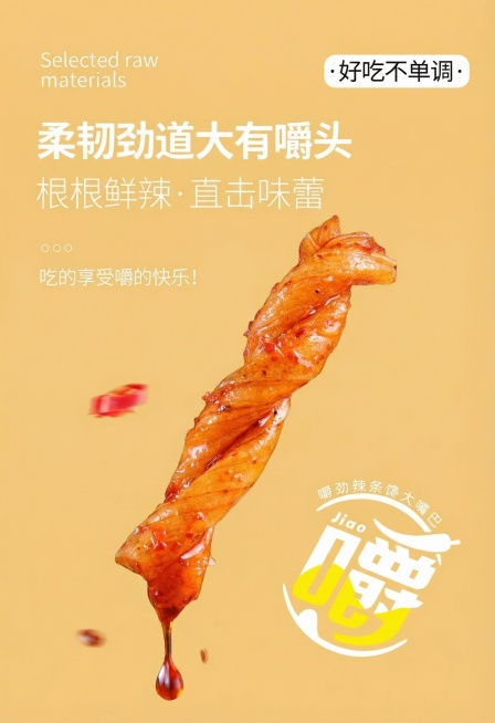 将图片的背景替换为和参考图片一样的暖黄色背景，保留图片中原有的辣条、文案、品牌logo等所有元素不变预览效果