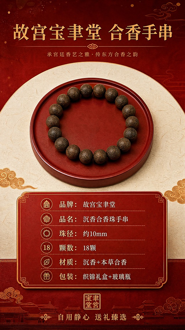 [商品] 使用【图1】沉香合香珠手串；保留珠串全貌、深棕褐色、圆珠结构与合香材质；作为规格页产品展示图，不改变形态。
[画面] 页面目标：规格参数与品牌服务，收口促转化。构图：上方珠串圆形展示，下方规格信息卡；主体占画面40%。景别：中景。前中后景：前景珠串置于圆形朱红托盘中，中景米白色宣纸质感背景，底部点缀祥云纹样与品牌印章。
[视觉] 套系策略：风格=东方宫廷国风商业摄影；标题字=宋体衬线粗体；正文字=简洁宋体；主色=故宫红+深棕木色；背景延展=基于故宫红做深浅渐变、暗纹祥云、金箔质感点缀；强调色=鎏金色，仅用于小面积图标、引线和装饰线条；标题色=鎏金色；正文色=深棕色；组件=中式回纹边框、圆角朱红信息卡、细线引线；光影=均匀柔光，清晰展示产品与文字信息。
[文字] 上方主标题"故宫宝聿堂 合香手串"，下方规格信息卡：「品牌：故宫宝聿堂」「品名：沉香合香珠手串」「珠径：约10mm」「颗数：18颗」「材质：沉香+本草合香」「包装：织锦礼盒+玻璃瓶」；底部加一行"自用静心 送礼臻选"；文字全部横排，清晰易读。
[规格] 图片比例9:16竖版，4K，避免变形、错字、文字过小、冷蓝背景、珠串颜色改变、参数虚构。