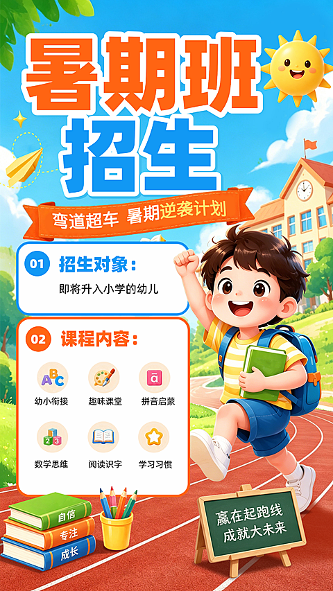 K12教育暑假班招生课程营销卡通风竖版海报