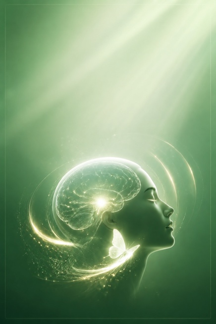 移除所有文字，移除画面中的脑垂体，整体调整为绿色系，保留闭着眼的人头侧脸和发光脑部线条结构及蝴蝶元素的构图，保持原设计的高端氛围感预览效果