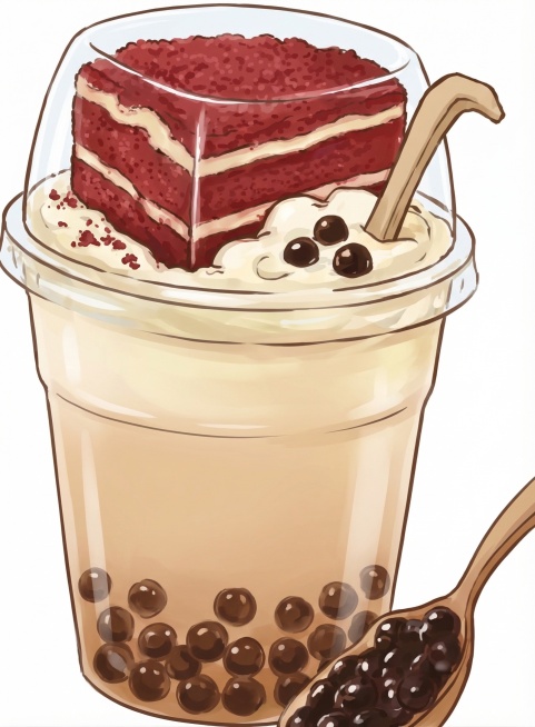 去掉图片中的所有文字，只保留这杯红丝绒蛋糕奶茶饮料卡通图，保持正面视角，提升图像清晰度，去除多余背景，保留完整的饮料和红丝绒蛋糕的手绘图预览效果