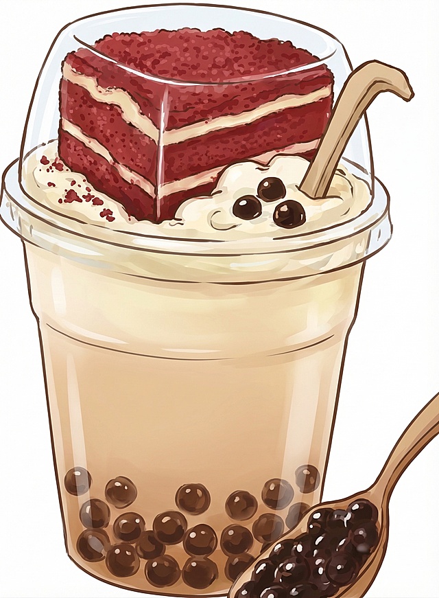 去掉图片中的所有文字，只保留这杯红丝绒蛋糕奶茶饮料卡通图，保持正面视角，提升图像清晰度，去除多余背景，保留完整的饮料和红丝绒蛋糕的手绘图