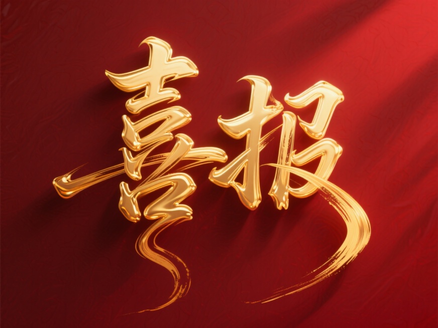 主标题为“喜报”二字，流动的金色笔触，文字竖向排列，深红色背景，艺术字设计，字体设计，预览效果