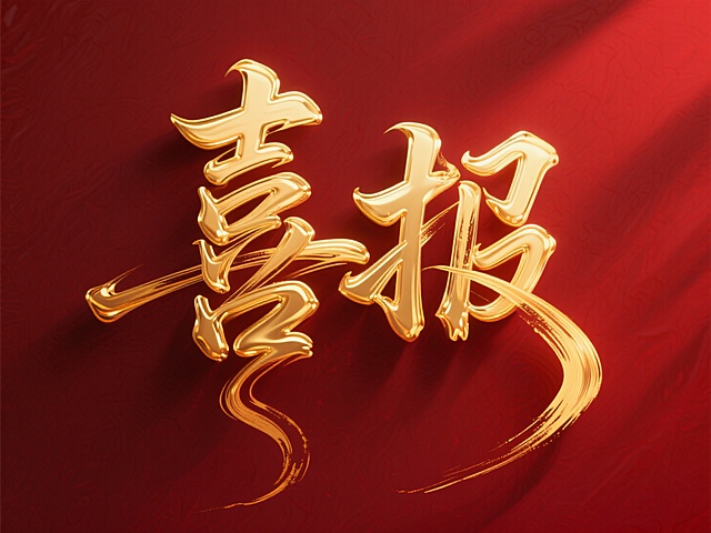 主标题为“喜报”二字，流动的金色笔触，文字竖向排列，深红色背景