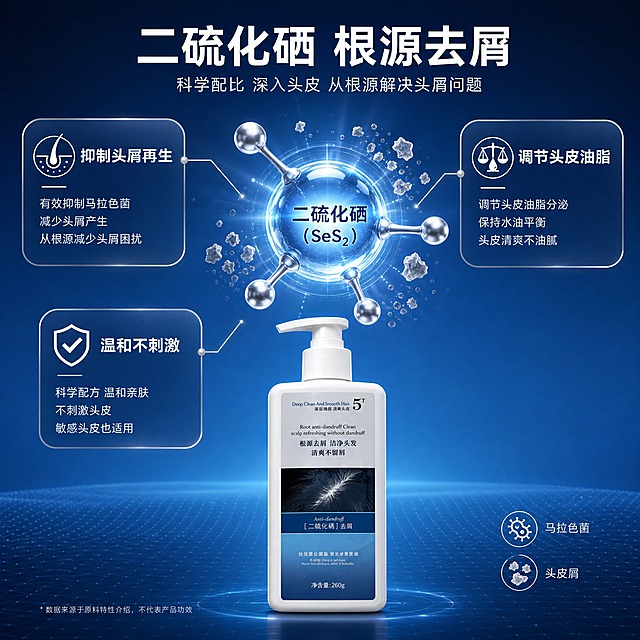 [主图-2] 核心功效成分解析，展示二硫化硒去屑作用原理与成分优势。
[统一基调] 整体风格为纯净科技感，背景主色为深海蓝渐变至浅蓝，标题字色为白色，辅助字色为浅灰蓝，强调色为亮银色。字体为干净无衬线粗体，字号层级分明，卡片样式为圆角半透明深蓝底配细银边。
[画面] 产品瓶身位于画面下方居中，占画面约35%。瓶身上方展示3D微观分子结构示意图，中心是一个发光的二硫化硒分子球，周围有细小的头皮屑颗粒正在被分解消散。用细银线从分子球引出三个标注点，分别指向不同的功效说明卡片。背景为深蓝色科技感渐变，带有微弱的网格纹理。
[光影质感] 科技感渲染质感，分子球发出柔和的蓝白色光芒，照亮周围区域。产品瓶身保持真实摄影质感，底部有柔和阴影。整体光影层次分明，体现科研专业感。
[配色] 深蓝科技背景，白色主标题，亮银色分子结构和引线，浅灰蓝说明文字，分子球发出蓝白色光晕。
[文字版式] 画面上方居中大标题："二硫化硒 根源去屑"，白色粗体。分子球周围三个圆角半透明卡片呈三角形分布：左上卡片"抑制头屑再生"，右上卡片"调节头皮油脂"，下方卡片"温和不刺激"，卡片内文字为白色小号字体，配对应小图标。
[输出要求] 比例1:1，文字清晰可读，产品清晰不变形，无错字，无杂乱元素，无水印，无平台Logo。负向：瓶身变形、文字模糊、分子结构混乱、悬浮感、穿模。