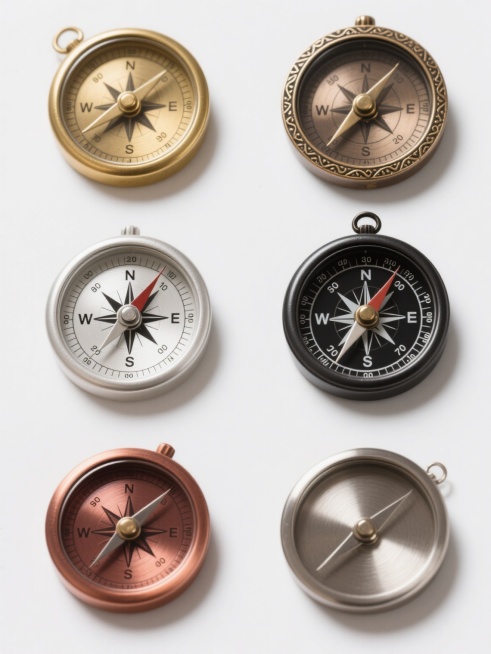 六个不同配色和样式的复古风格指南针，每个指南针具有独特的金属色泽（如黄铜、古铜、银白、哑光黑、红铜、镍合金）和细节设计（如不同花纹的表壳边缘、各异的指针形状、表盘刻度样式变化），全部以整齐的网格状排列在纯白色背景上，每个指南针保持圆形轮廓、清晰的方向刻度（N/S/E/W及度数）和可转动的指针结构，整体呈现出精致的金属质感、微妙的光影反射和复古怀旧的视觉氛围。预览效果