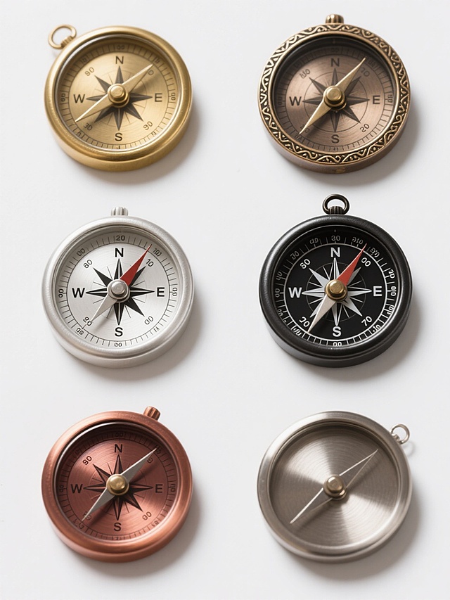 六个不同配色和样式的复古风格指南针，每个指南针具有独特的金属色泽（如黄铜、古铜、银白、哑光黑、红铜、镍合金）和细节设计（如不同花纹的表壳边缘、各异的指针形状、表盘刻度样式变化），全部以整齐的网格状排列在纯白色背景上，每个指南针保持圆形轮廓、清晰的方向刻度（N/S/E/W及度数）和可转动的指针结构，整体呈现出精致的金属质感、微妙的光影反射和复古怀旧的视觉氛围。