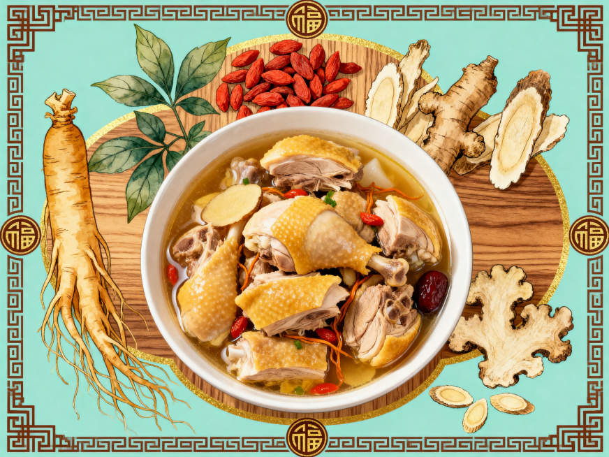药膳包装平面图，视觉中心是诱人的药膳土鸡鸡块，周围搭配手绘的人参、枸杞、当归、黄芪等药膳配料，传递药食同源的产品属性。背景为淡青底色搭配暖木色纹理，用深棕与金色点缀，整体风格雅致高端，边缘融入回纹、福预览效果