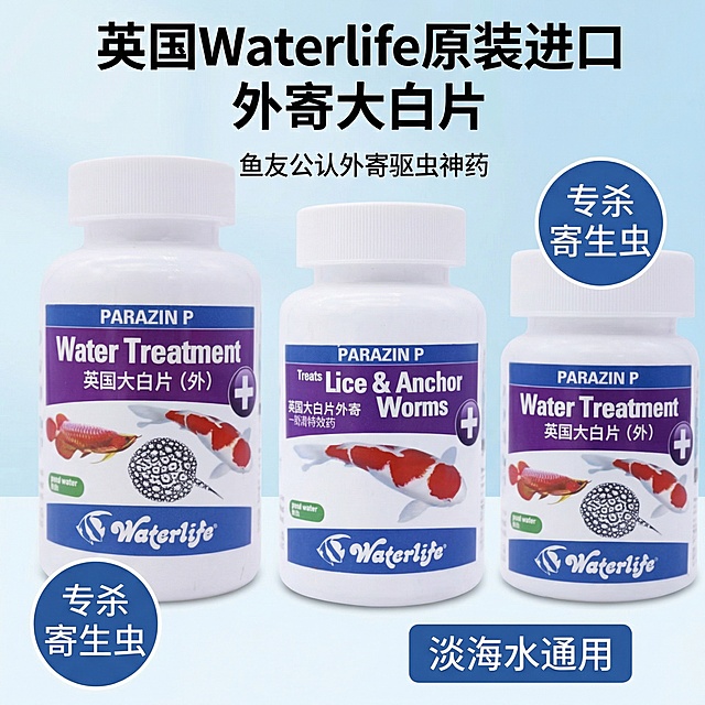 图生图，基于上传的产品图生成拼多多电商主图，产品为英国Waterlife外寄大白片，产品外观需与原图保持一致。整体采用简约风格，浅蓝渐变纯净背景，产品居中展示，主体占比约60%。核心文案：主标题“英国Waterlife原装进口 外寄大白片”，副标题“鱼友公认外寄驱虫神药”。卖点标签：“专杀寄生虫”“淡海水通用”，整体文案干净简约，不遮挡产品主体，符合拼多多平台简约直白的风格，2k分辨率
