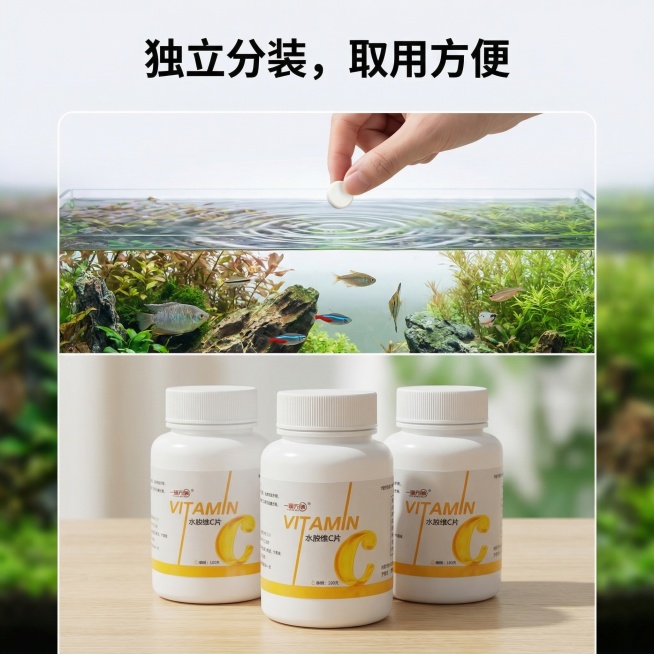 图生图，基于原商品图生成拼多多平台水族维C片第四张主图，保持产品外观与原图一致，简约风格。使用拼图设计，上图展示水族维C片放入鱼缸的使用场景，下图展示产品瓶身整体外观，上下布局，自然水族场景柔和光线，预览效果