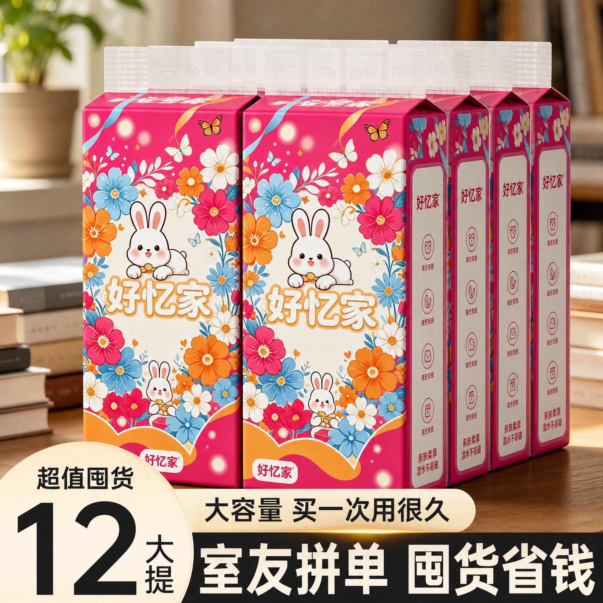 将第一张图中粉色包装上的全部图案主题（包括两只可爱小白兔、彩色… - 图片创意预览