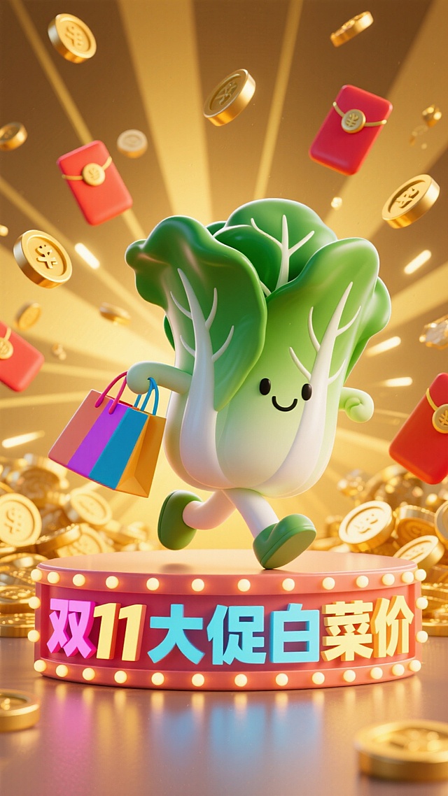 主视觉为一颗小白菜提着购物袋冲出画面，正面视角，背景金币、红包、放射线点缀，画面下方为3D文字灯牌“双11大促白菜价”