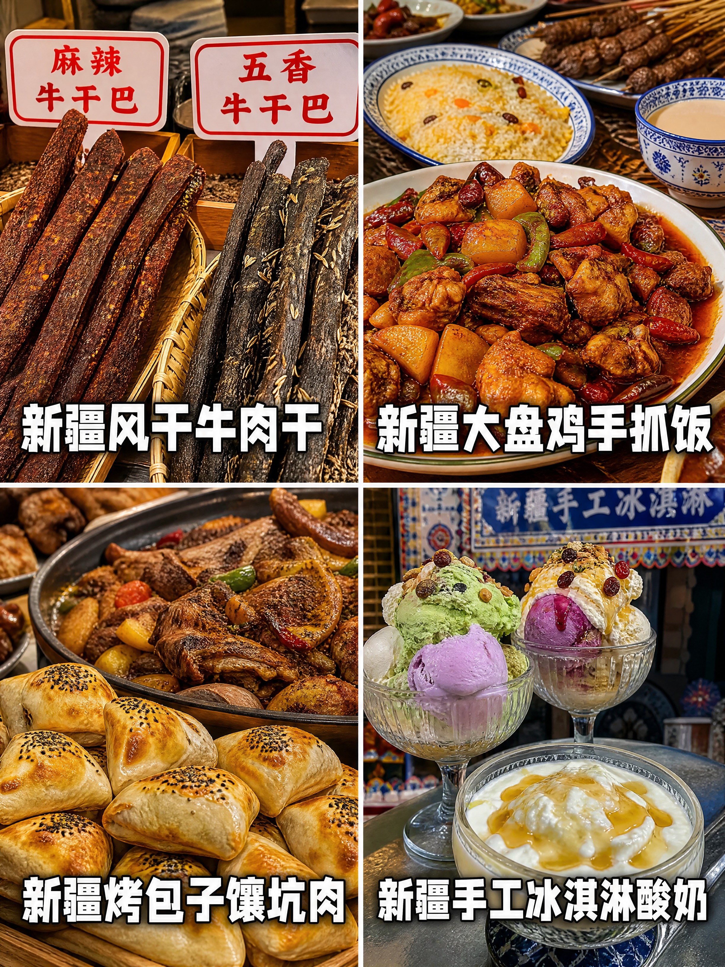 四宫格拼图风格的小红书美食封面，竖版3:4比例，2x2布局，四… - 图片创意预览
