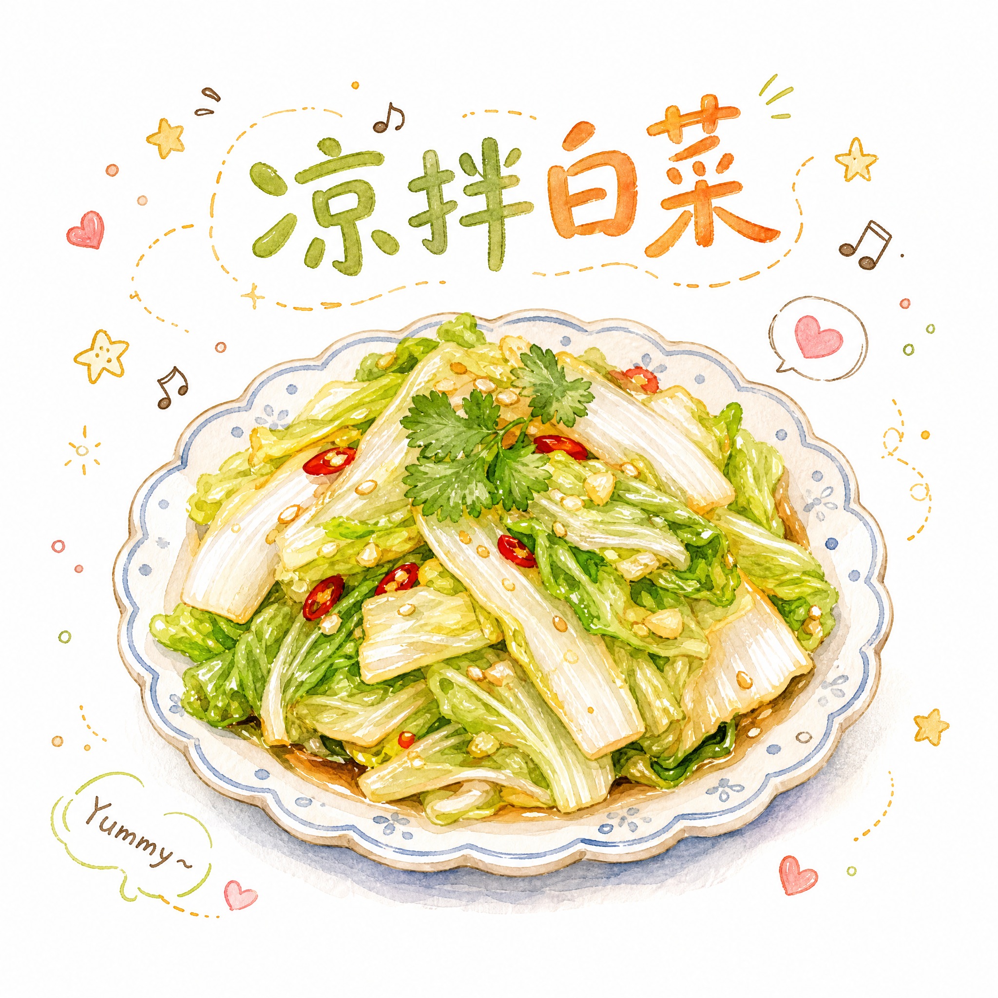 手绘水彩风格的凉拌白菜菜品插画，参考图中的手绘水彩质感和可爱装… - 图片创意预览