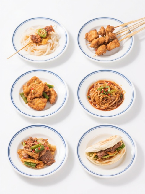 六个街边小吃菜品以2×3网格状规整排布，每个菜品均采用简约现代的白色圆形瓷盘盛装，盘边带有精致的蓝白相间细条纹装饰。菜品包括凉皮、烤串、麻辣烫、炸鸡块、酸辣粉和肉夹馍，每道小吃食材色彩鲜亮、层次分明，保持食物的自然质感与细节。整体背景为纯白色，无任何文字、logo或水印，画面干净整洁，突出食物本身的视觉吸引力，整体风格写实、清新、简约现代。预览效果