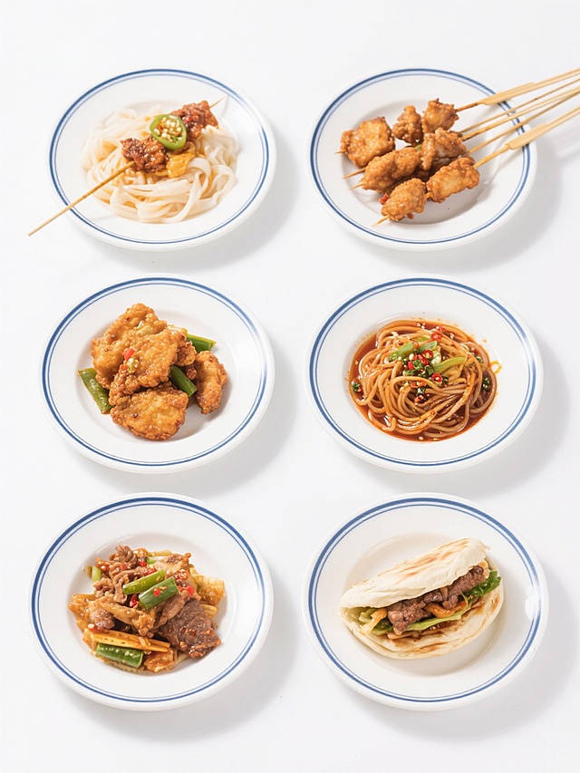 六个街边小吃菜品以2×3网格状规整排布，每个菜品均采用简约现代的白色圆形瓷盘盛装，盘边带有精致的蓝白相间细条纹装饰。菜品包括凉皮、烤串、麻辣烫、炸鸡块、酸辣粉和肉夹馍，每道小吃食材色彩鲜亮、层次分明，保持食物的自然质感与细节。整体背景为纯白色，无任何文字、logo或水印，画面干净整洁，突出食物本身的视觉吸引力，整体风格写实、清新、简约现代。