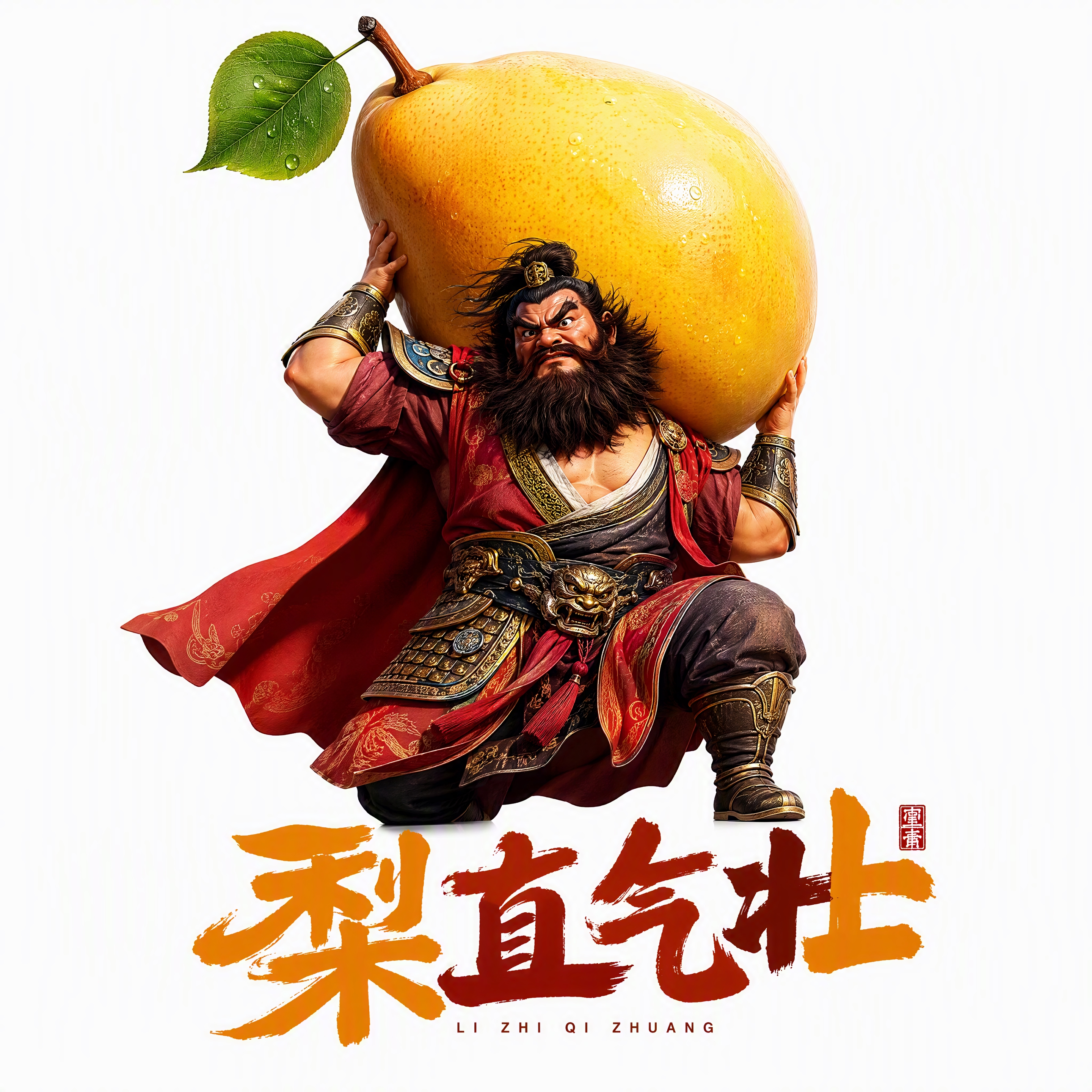 创意插画，张飞形象人物肩扛一颗硕大的梨，梨色泽金黄饱满，表皮光… - 图片创意预览