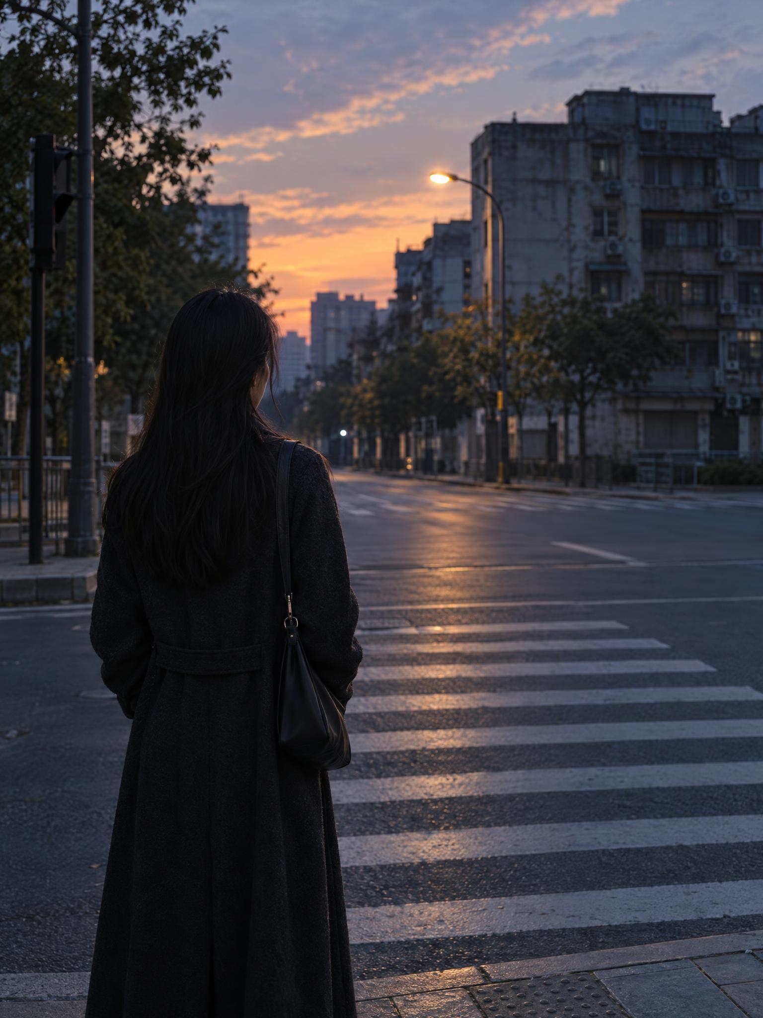 竖版3:4写实电影静帧：黄昏十字路口，原创东亚女性穿深色长外套… - 图片创意预览