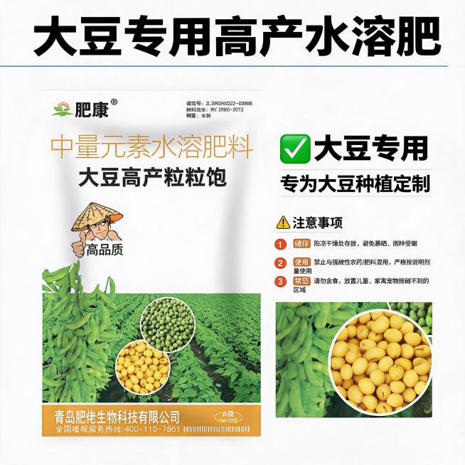 产品注意事项说明，提示储存和使用禁忌，大豆专用肥说明，拼多多1:1主图预览效果