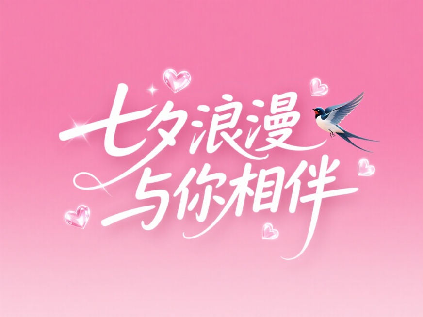 文字 “七夕浪漫 与你相伴”，文字间穿插爱心和飞舞的喜鹊。甜蜜感，粉色渐变底，白色文字。预览效果